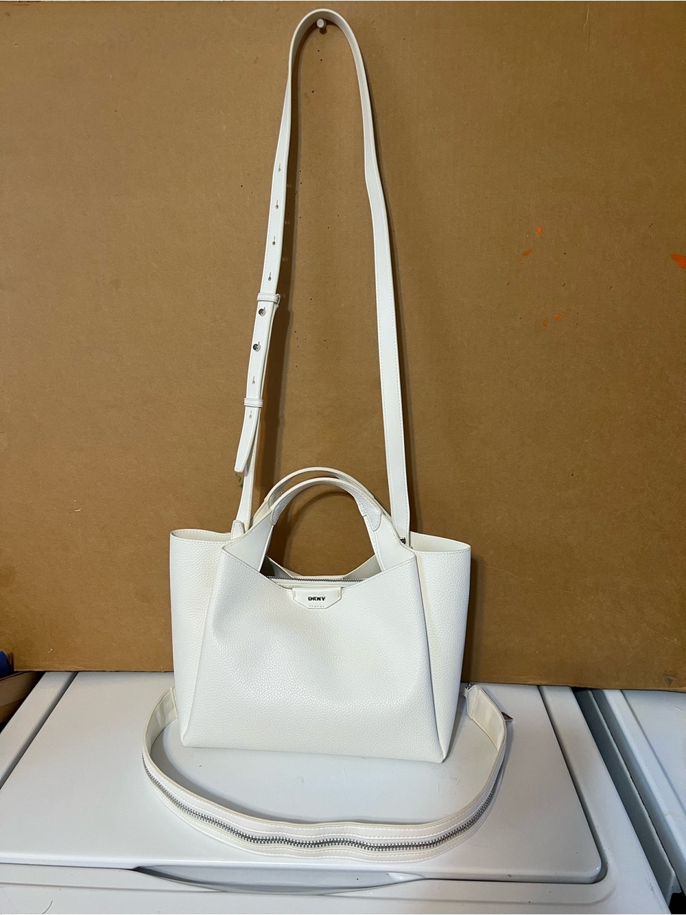 Dkny White Leather Satchel with Adjustable Crossbody Strap